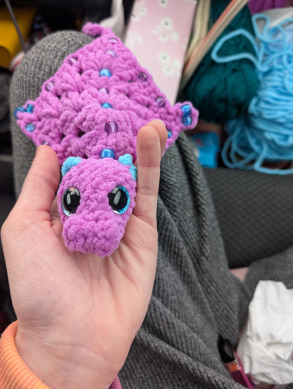 Crochet Dragon Plush Keychain | Sensory Beads, Kawaii Fidget Toy, Pocket Companion