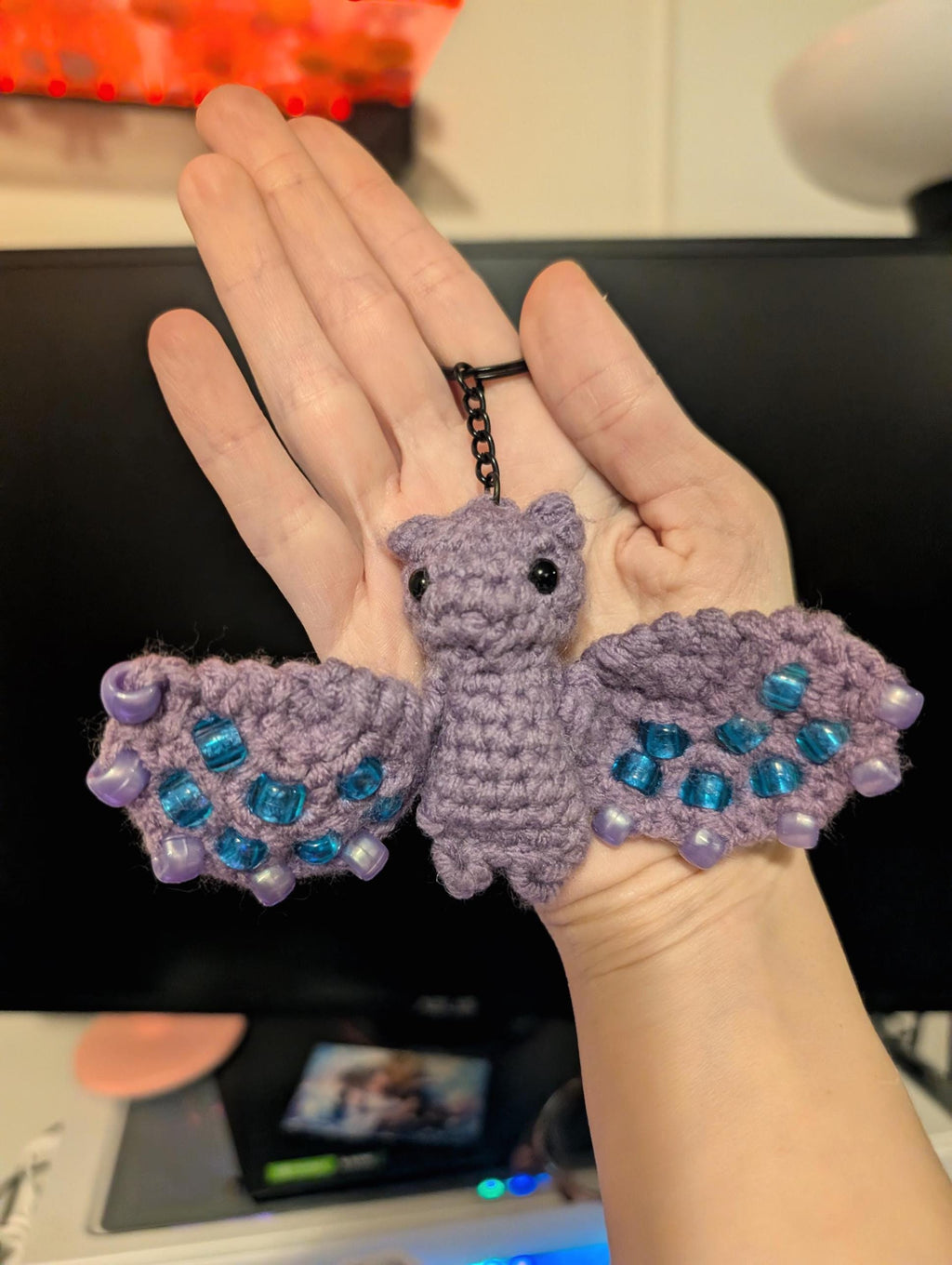 Crochet Bat Keychain | Purple Sensory Plush, Beaded Charm, Goth Kawaii Bag Accessory| Crochet Gift