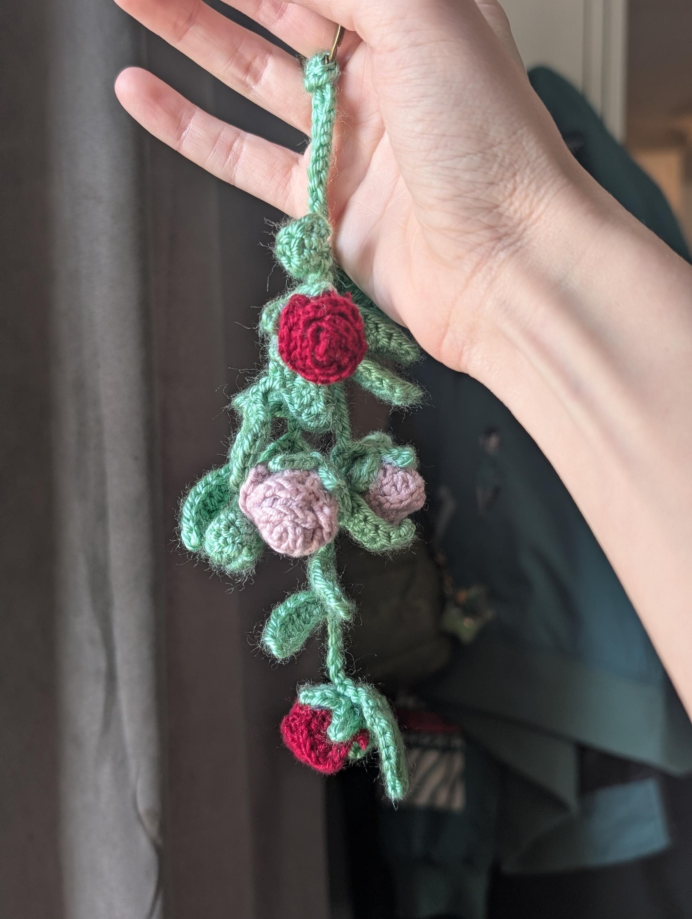 Crochet Rose Vine Bag Charm | Handmade Floral Keychain, Cottagecore Accessory