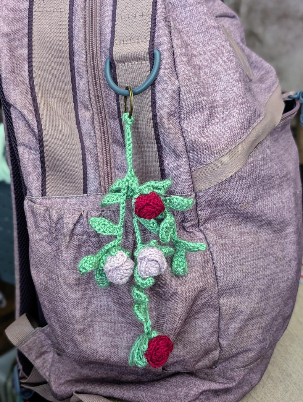 Crochet Rose Vine Bag Charm | Handmade Floral Keychain, Cottagecore Accessory